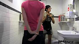 Feminge 4k - black haired lesbian gets pussy licked in cafe threesome