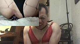 He uses two plump dildos in front of two cameras.