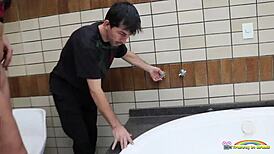 Shemale plumber fucks her ass hard!