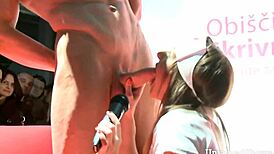 Hot nurse strips and swallows cock on stage