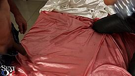 White amateur milf in green leather pants and red satin bodysuit gets doggy style pov ass licking blowjob and spanking