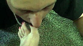 Sweaty barefoot foot worship session with slave elements.