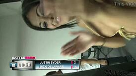 brunette model receives facial after intense fight.