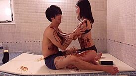 Chocolate-Slick Bathroom Sex with Young Japanese Couple on Valentine's Day