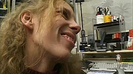 Descriptive Lonely in the office, this blonde teen strips down for solo play with her small tits exposed