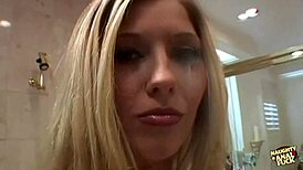 Blonde takes two hard cocks in mouth and ass after shower