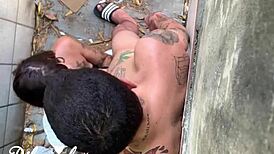 brunette trans risks blowjob in public, almost caught