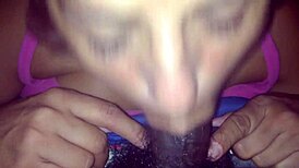 The bbw amateur gets a big black cock cumshot on her face in this interracial scene.