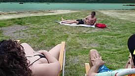 Voyeur jerks off on beach while I touch myself