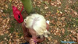 Tattooed busty German blonde milf gets fucked hard against a tree in wild public action