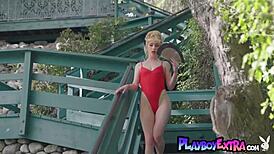 PETITE NAKED BLONDIE BRAYLIN BAILEY RIPS CLOTHES AND SUNBATHES HER SMALL TITS BY THE POOL!