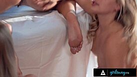 Girlsway pretty masseuse emma hix 3-way oil massage big natural tits wet lesbian bubble butt muff diving rimjob