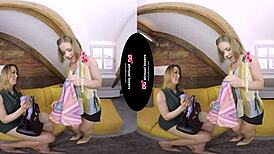 Shemale in heels bends teen girl over