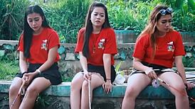 Slut in Indonesian upskirt, leg spread and panty shot while fishing with friends
