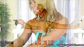 blonde babe gives handjob and facial in lingerie