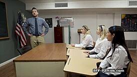 Four horny teens share a massive shaft in a wild classroom bang with their teacher.