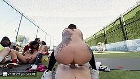 Horny babes seducing soccer coach suggestively