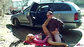 Real Teen 18+ Street Fuck on Parking Spot by Client