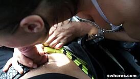 The european prostitute moans in the car, her tight pussy enjoying every moment for 40 euros