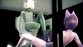 grey cat boy and pink cat boy in public toilet scene from furry yaoi manga anime