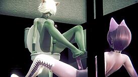 grey cat boy and pink cat boy in public toilet scene from furry yaoi manga anime
