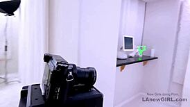 Asian blonde turns slutty at photoshoot, swallowing cum on sofa