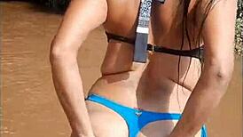 Double penetration in the river with natural tits