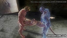 Busty 3D babe faces double team in jail cell.