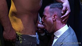 Nasty boys cum through gloryhole in group orgy