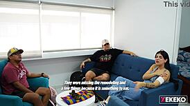 Seducing my stepbrother's gay friend at home alone, flashing my curvy body.