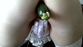 Milf fucks zucchini in pussy and ass for real orgasm