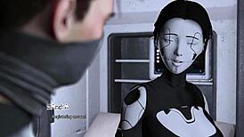 Horny busty brunette AI robot gives intense blowjob in gaming visual novel