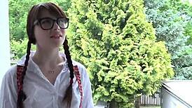 Slim teenie gets her spread pussy and tight anal poked hard in wild action.