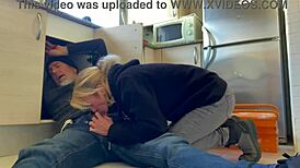 Hot Wife Sucks Plumber in Kitchen, Swallows Cum in Mouth