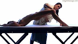 Little tight virgin teen gets oiled massage on her petite body