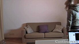 Fit blonde reveals all in hd casting interview on sofa with oral and cumshot