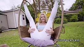 Come on, tiny blonde teen, show us how you bang that big cock!