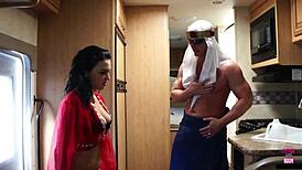 Brunette with big tits gets her cunt drilled hard on the counter 😏