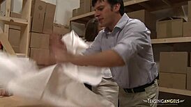 Hot Chick Rides Cock Hard in Storage Room Cum Blast