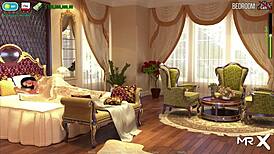 Fashion business features maid removing her outfit in anime-style scene.