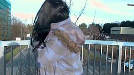 Naughty and horny strips and pisses in the middle of the street in front.