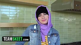 Arab slut with hijab masturbates for boyfriend then swallows his big cock