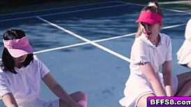 Besties Dare Each Other During Tennis Lesson with Stud They Want to Fuck