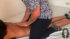 Horny stepsister enjoys massage on tits and ass.