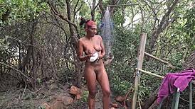 indian babe taking a wild nude shower outdoors at public resort! 🌿