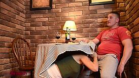 crazy hot girl sneaks a suck under cafe table!