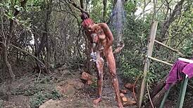 indian babe taking a wild nude shower outdoors at public resort! 🌿