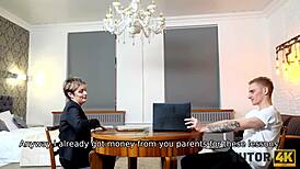 sexy mature teacher and young guy hook up in class