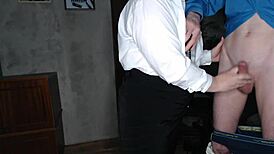 Slutty secretary can’t resist jerking her boss’s big cock in the office. Nylon fetish adds extra heat.