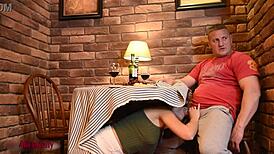 crazy hot girl sneaks a suck under cafe table!